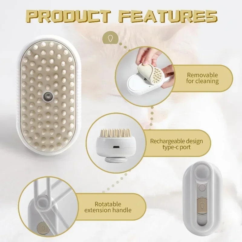 3-in-1 Electric Pet Grooming Brush with Steam Spray - USB Rechargeable Cat and Dog Hair Comb with Massage Feature