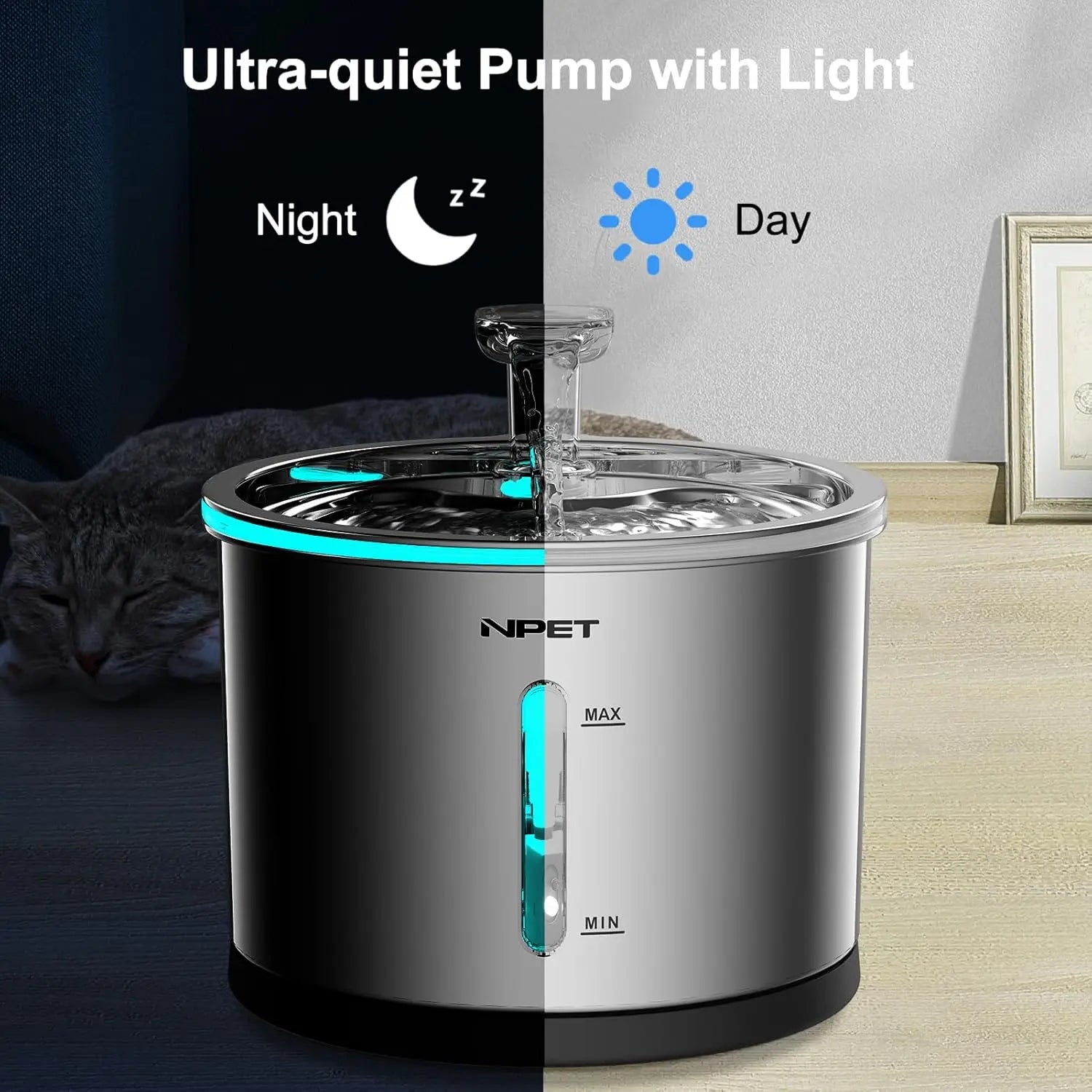1.5L Stainless Steel Cat Water Fountain with LED Indicator – Quiet, Durable & Dishwasher Safe