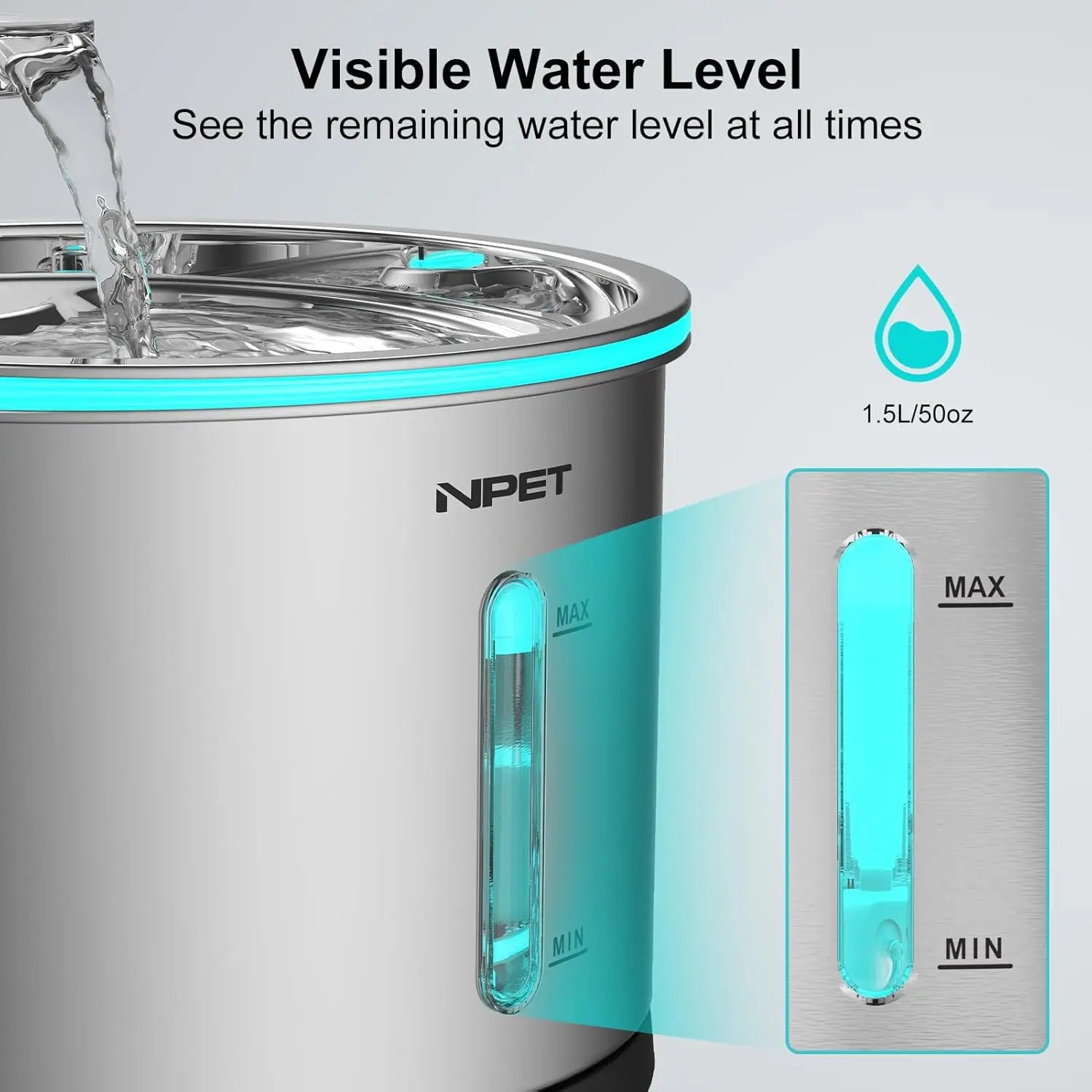 1.5L Stainless Steel Cat Water Fountain with LED Indicator – Quiet, Durable & Dishwasher Safe