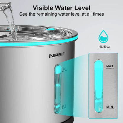 1.5L Stainless Steel Cat Water Fountain with LED Indicator – Quiet, Durable & Dishwasher Safe